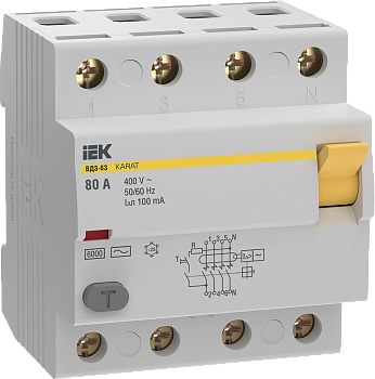 Устройство защитного отключения УЗО KARAT ВД3-63 4П 80А 100мА 6кА тип АС IEK
