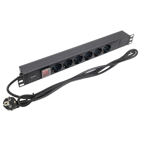Блок розеток PDU TERACOM 19" 1U 16А/250В 6 розеток Schuko с выключателем шнур питания длиной 2 метра сечение 3x1,5 мм2 вилка Schuko корпус пластик чер