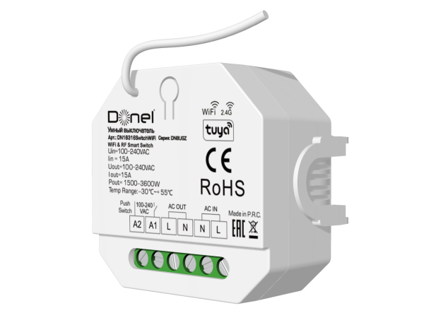 Donel Умный выключатель Wi-Fi+RF+Push, AC 230В 1 канал.16А, макс.мощность 3600Вт, серия:DN8UGZ