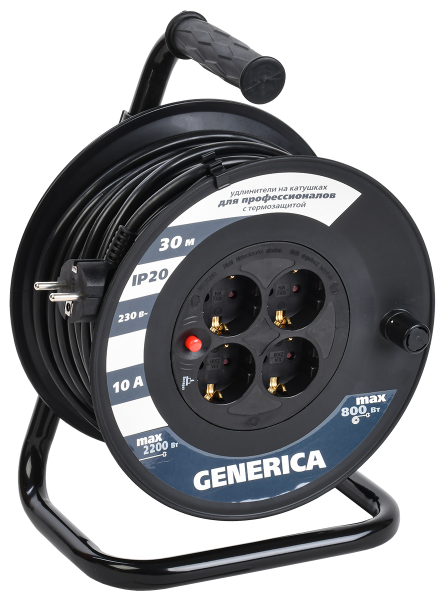 Катушка УК30 с термозащитой 4 места 2P+PE/30м 3х1,0мм2 GENERICA