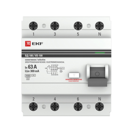Устройство защитного отключения селективное УЗО 4П 63А (электромеханическое) 4,5кА 300мА PROxima EKF