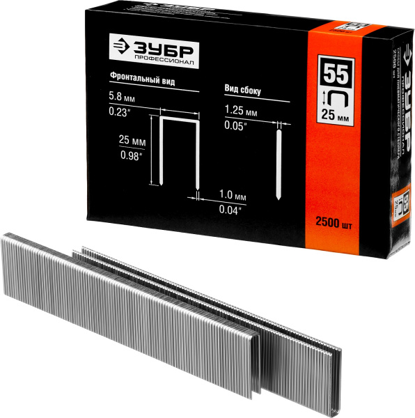25 мм скобы для степлера тонкие, широкие тип 55, 2500 шт ЗУБР