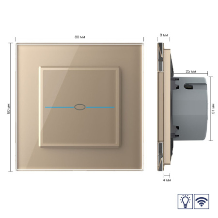 Сенсорный радиоуправляемый диммер Quadro 1 клавиша 1 пост Золотой Livolo