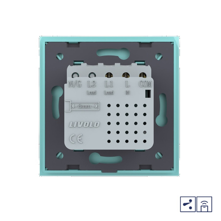 Одноклавишный проходной сенсорный выключатель Module с функцией радиоуправления, цвет зеленый Livolo