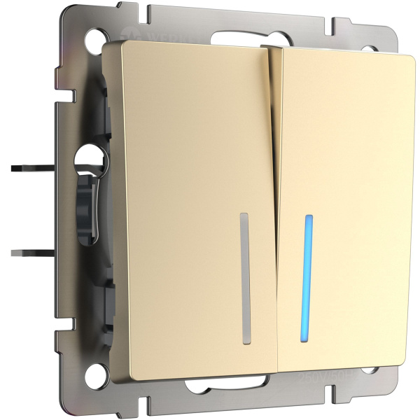 Выключатель двухклавишный проходной с подсветкой (шампань) СУ IP20 Werkel
