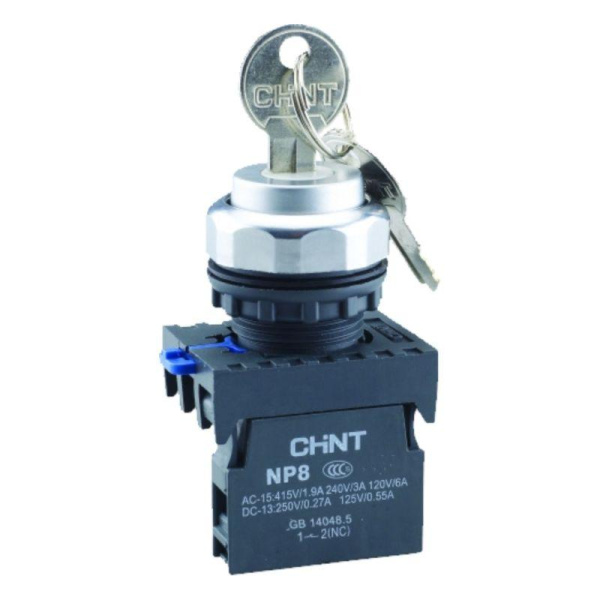Переключатель ключом NP8-10Y/21, 2 положения самовозв., 1НО, IP65 (R) CHINT