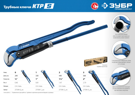 КТР-S, №1, ключ трубный, изогнутые губки ЗУБР