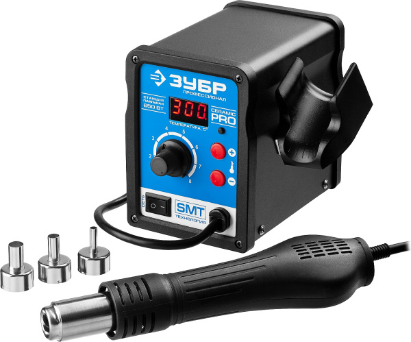 Термовоздушная паяльная станция цифровая 650Вт, 100-500°C, 120 л/мин, 3 насадки, керамический нагреватель, ПСТ-650 ЗУБР