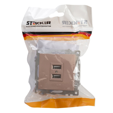 Розетка USB 2-местная (механизм), STEKKER GLS10-7115-02, 250B, 2,1A, серия Катрин, шампань
