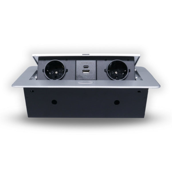 Розетка горизонтальная выдвижная 2 Euro 16А, USB type A+C с блоком 18W RocketSocket, проводка, цвет серый