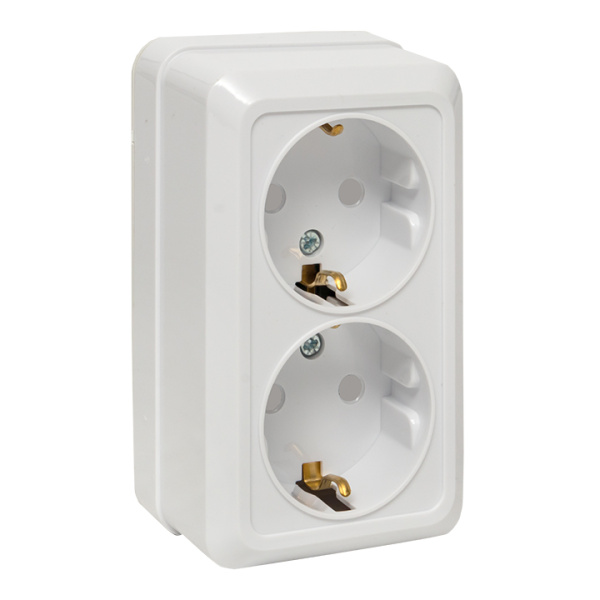 Рим Розетка 2-местная 16А с заземлением белая с защ, штор, EKF