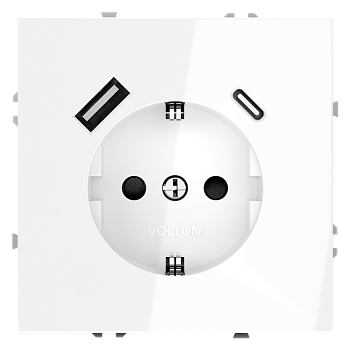 Розетка встраиваемая Voltum S70 с заземлением и защитными шторками, 16А, с USB, A+C, (белый глянцевый)
