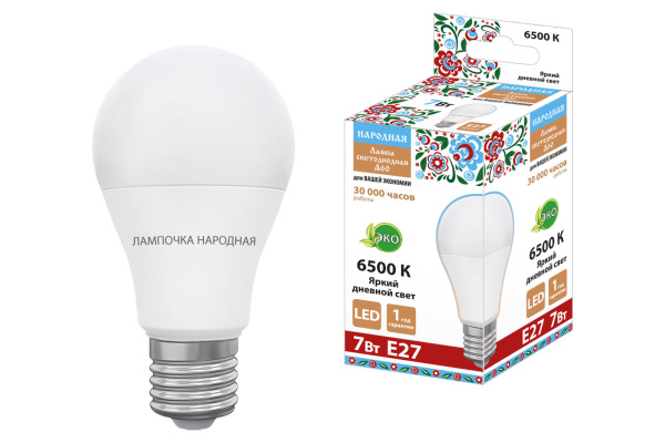 Лампа светодиодная НЛ-LED230-A60-7 Вт-230 В-6500 К-Е27, (60х106 мм), Народная TDM