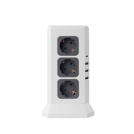 Удлинитель Tower Extended 12 Euro 16А, 4 USB 3A+C с блоком 5В/3.4А, кабель 2,0м RocketSocket, цвет белый-серый