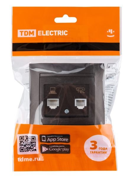 Розетка телефонная RJ11 + компьютерная RJ45 шоколад "Лама" TDM Розетка телефонная RJ11 + компьютерная RJ45 шоколад "Лама" TDM