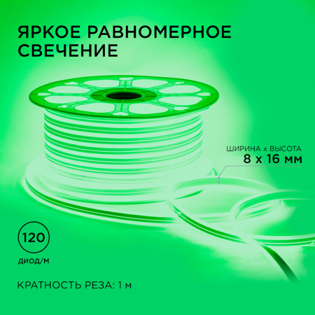 17-26 Светодиодный неон, двусторонний, 220В, 6Вт/м, 2835, 120д/м, IP65, 8*16мм, 50м, зеленый Apeyron