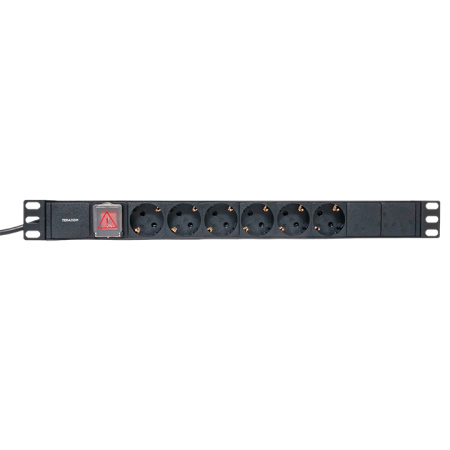 Блок розеток PDU TERACOM 19" 1U 16А/250В 6 розеток Schuko с выключателем шнур питания длиной 2 метра сечение 3x1,5 мм2 вилка Schuko корпус пластик чер