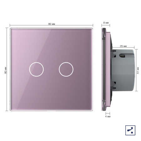 Сенсорный проходной выключатель 2 клавиши 1 пост Розовый Livolo