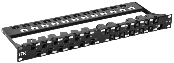 ITK 1U Патч-панель укомплектованная кат.6A UTP 24 порта угловая