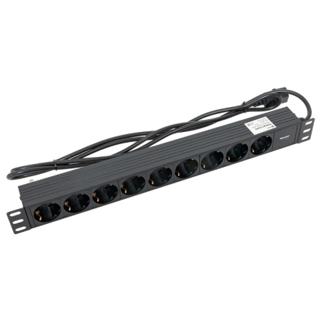 Блок розеток PDU TERACOM PRO 19" 1U 10А/250В 9 розеток Schuko шнур питания длиной 2 метра сечение 3x1,5 мм2 вилка C14 корпус пластик черный EKF