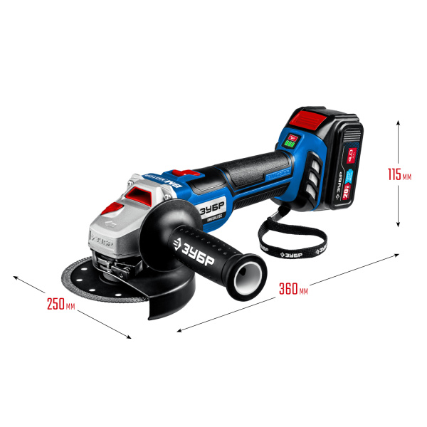 20В бесщеточная УШМ, 2 АКБ (4Ач), в сумке, Профессионал. AB-125-42 ЗУБР