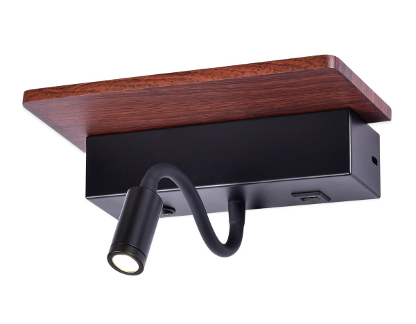 Настенный св/д светильник с выкл, USB и полкой FW291 BK/DW черный/темное дерево LED 4200K+3000K 6W+1W 265*110*130 Ambrella Light