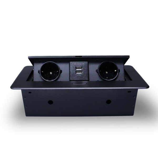 Розетка горизонтальная выдвижная 2 Euro 16A, 2 USB A с блоком 5В/2.1А черный RocketSocket