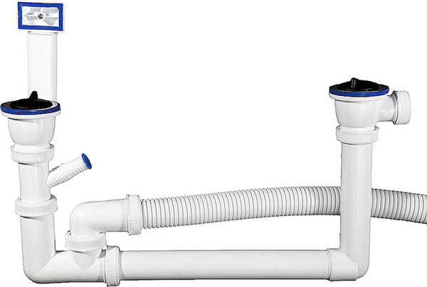 Сифон "Мастер" колбовый для двухместной мойки, выпуск - нержавеющая чашка, перелив, отвод для стиральной машины ЗУБР