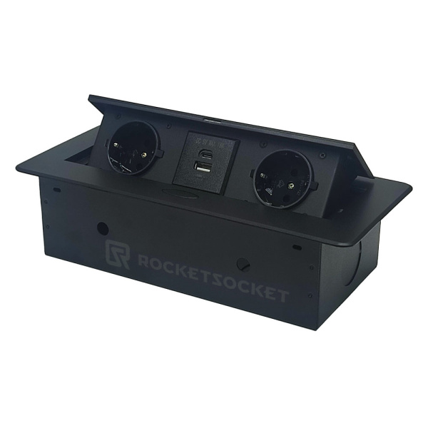Розетка горизонтальная выдвижная 2 Euro 16A, USB type A+C с блоком 18W RocketSocket, цвет черный