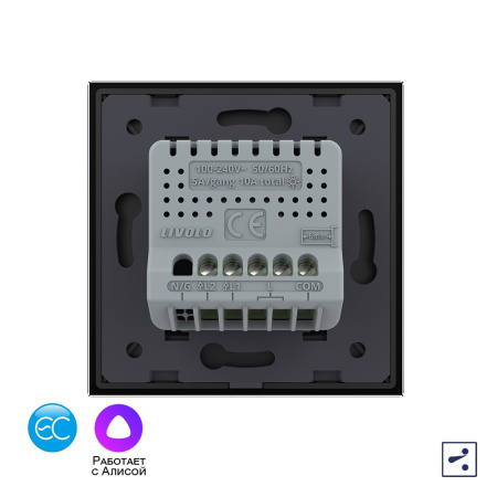 Двухклавишный проходной умный сенсорный выключатель EC, 1 пост, цвет черный Livolo