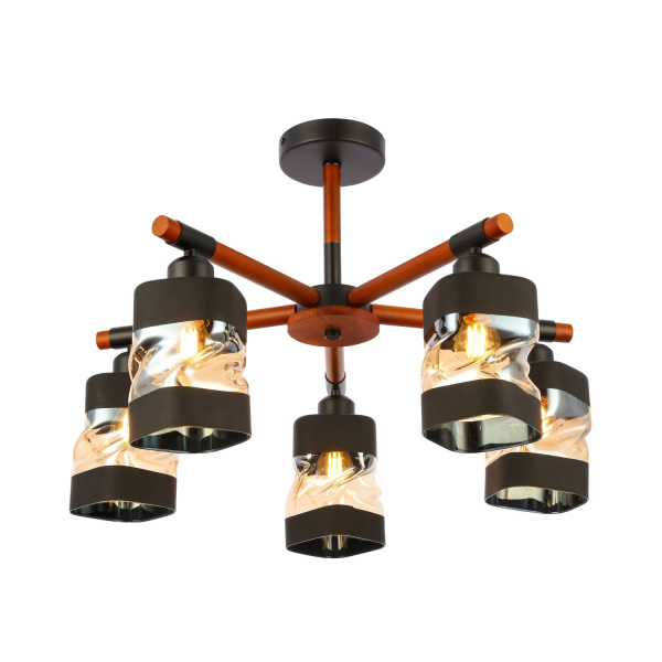 Люстра потолочная Черный, Темное дерево/Черный, Прозрачный, Янтарный E27 5*60Вт SLE114402-05 EVOLUCE