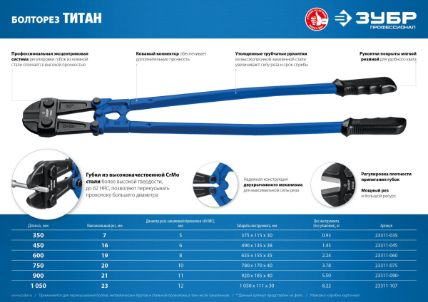 Титан болторез, Cr-Mo, 62 HRC, кованый коннектор, серия Профессионал, 750 мм - макс d= 20 мм / HRC 40 до d= 10 мм ЗУБР