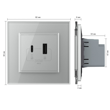 Розетка USB type C+A с блоком питания 36W Livolo 1 пост Серая VL-C7VUA18W.UC18W-2IP Розетка USB type C+A с блоком питания 36W Livolo 1 пост Серая VL-C7VUA18W.UC18W-2IP
