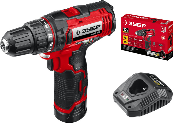 12В, 1 АКБ (2Ач), в коробке, дрель-шуруповерт. ДШЛ-125-21 ЗУБР