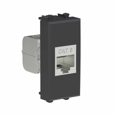 Компьютерная розетка RJ-45 без шторки модульная, кат.6 экранированная, "Avanti", "Черный матовый", 1 модуль DKC