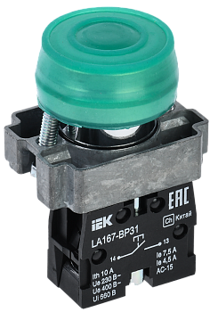 Кнопка управления LA167-BP31 d=22мм 1з зеленая IEK