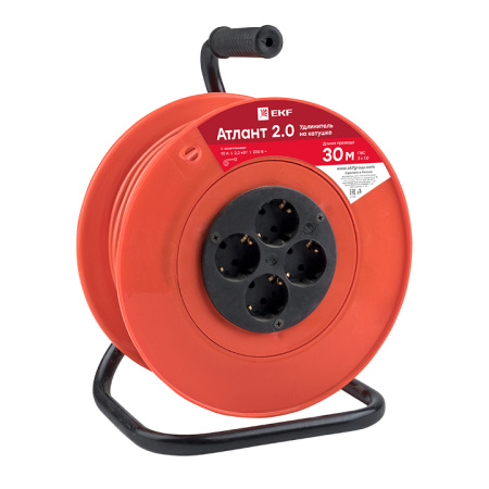 Удлинитель на катушке "Атлант 2,0" 4 гнезда 30м с заземлением ПВС 3*1,0 10А/2,2кВт PROxima EKF