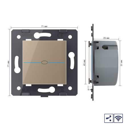 Одноклавишный проходной сенсорный выключатель Quadro с радиоупр., цвет золотой (механизм) Livolo
