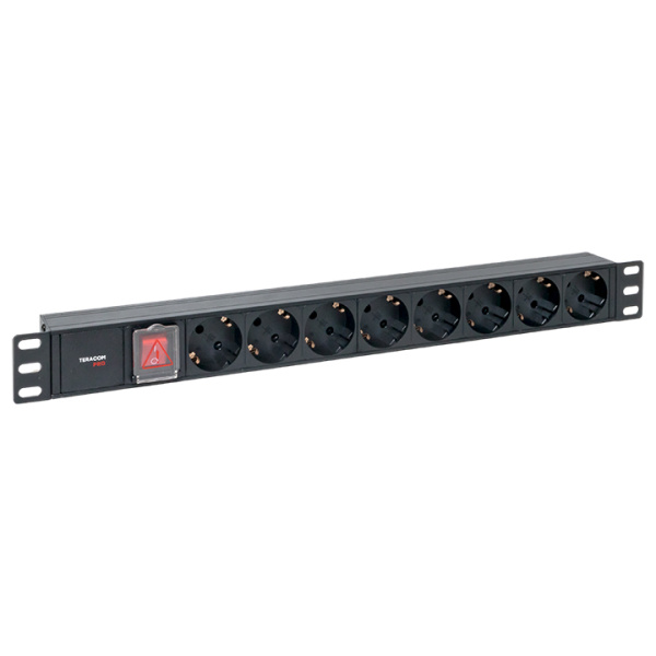 Блок розеток PDU TERACOM PRO 19" 1U 10А/250В 8 розеток Schuko с выключателем без шнура питания входной разъем C14 корпус алюминий черный EKF