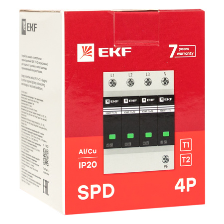 Устройство защиты от импульсных перенапряжений Т1+Т2, Iimp-12,5kA, In-20kA, Uc-275В, 3+1 PROxima EKF