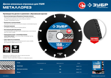 МЕТАЛЛОРЕЗ 125 мм, диск алмазный отрезной по металлу, Профессионал ЗУБР