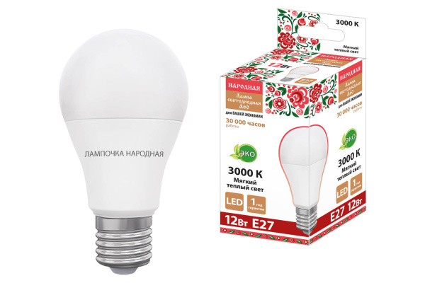 Лампа светодиодная НЛ-LED230-A60-12 Вт-230 В-3000 К-Е27, (60х108 мм), Народная TDM Лампа светодиодная НЛ-LED230-A60-12 Вт-230 В-3000 К-Е27, (60х108 мм), Народная TDM