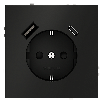 Розетка встраиваемая Voltum S70 с заземлением и защитными шторками, 16А, с USB, A+C, (черный матовый