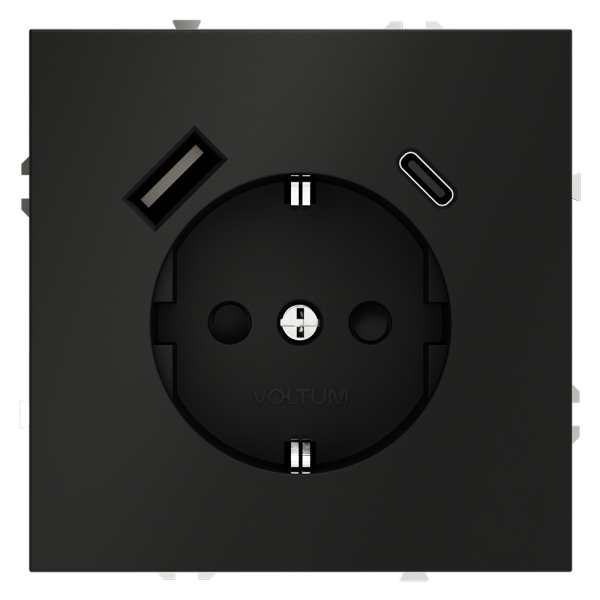 Розетка встраиваемая Voltum S70 с заземлением и защитными шторками, 16А, с USB, A+C, (черный матовый