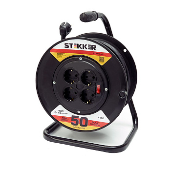 Удлинитель на пластиковой катушке Stekker STD01-41-50 50м, 4 гнезда с/з 3*1,5, черный, серия Standart (УХз-16)