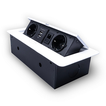Розетка горизонтальная выдвижная 2 Euro 16А, 2 USB A с блоком 5В/2.1А, RJ45 RocketSocket, проводка, цвет белый