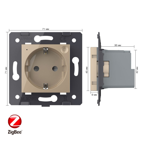 Розетка ZigBee (Wi-Fi) с з/з с защитными шторками 16A, цвет золотой (механизм) Livolo