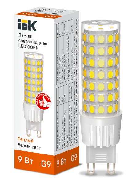 Лампа светодиодная CORN капсула 9Вт 230В 3000К керамика G9 IEK