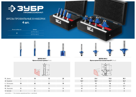 4шт, набор профильных фрез по дереву ЗУБР