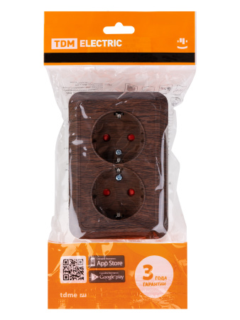 Розетка угловая двойная 2П+3 открытой установки с з/ш IP20 250В 16А бук "Ладога" TDM